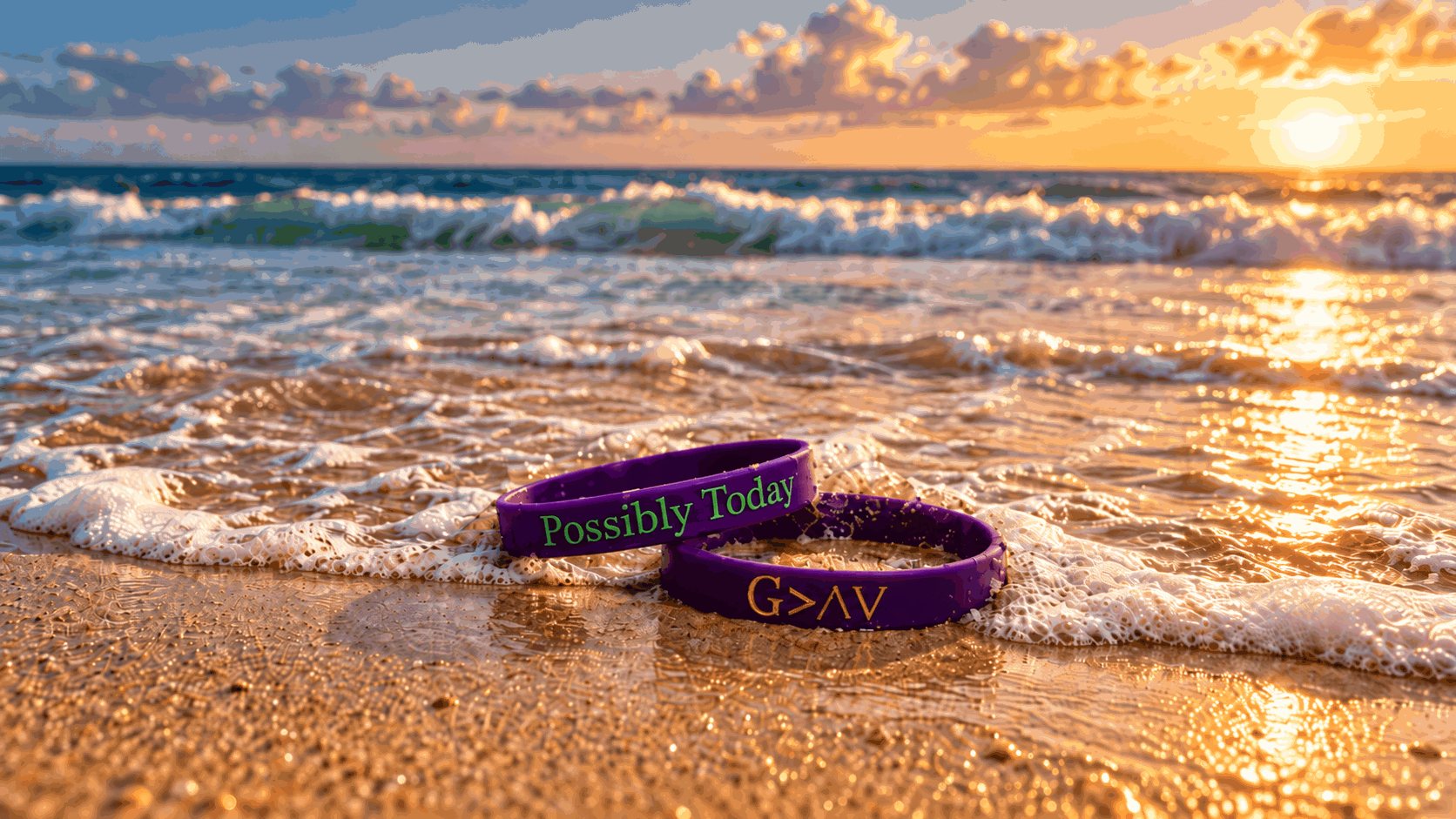 Two purple Possibly Today wristbands, one reading Possibly Today and one reading G greater than highs and lows, resting on the sand as the tide comes in at sunset
